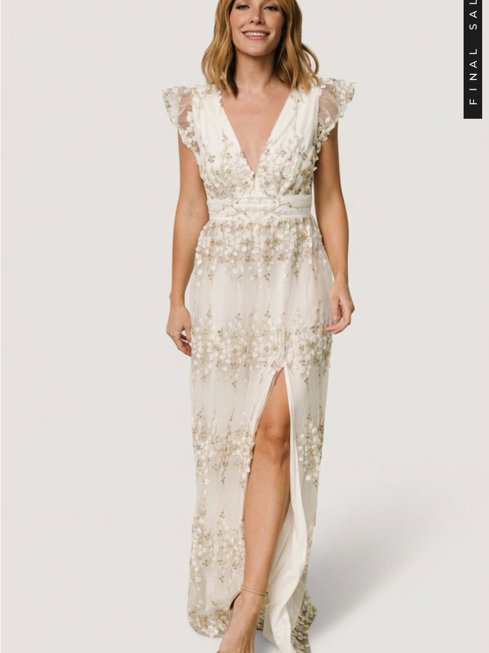 Baltic Born Ivory and Gold Embellished V-Neck Maxi Dress
